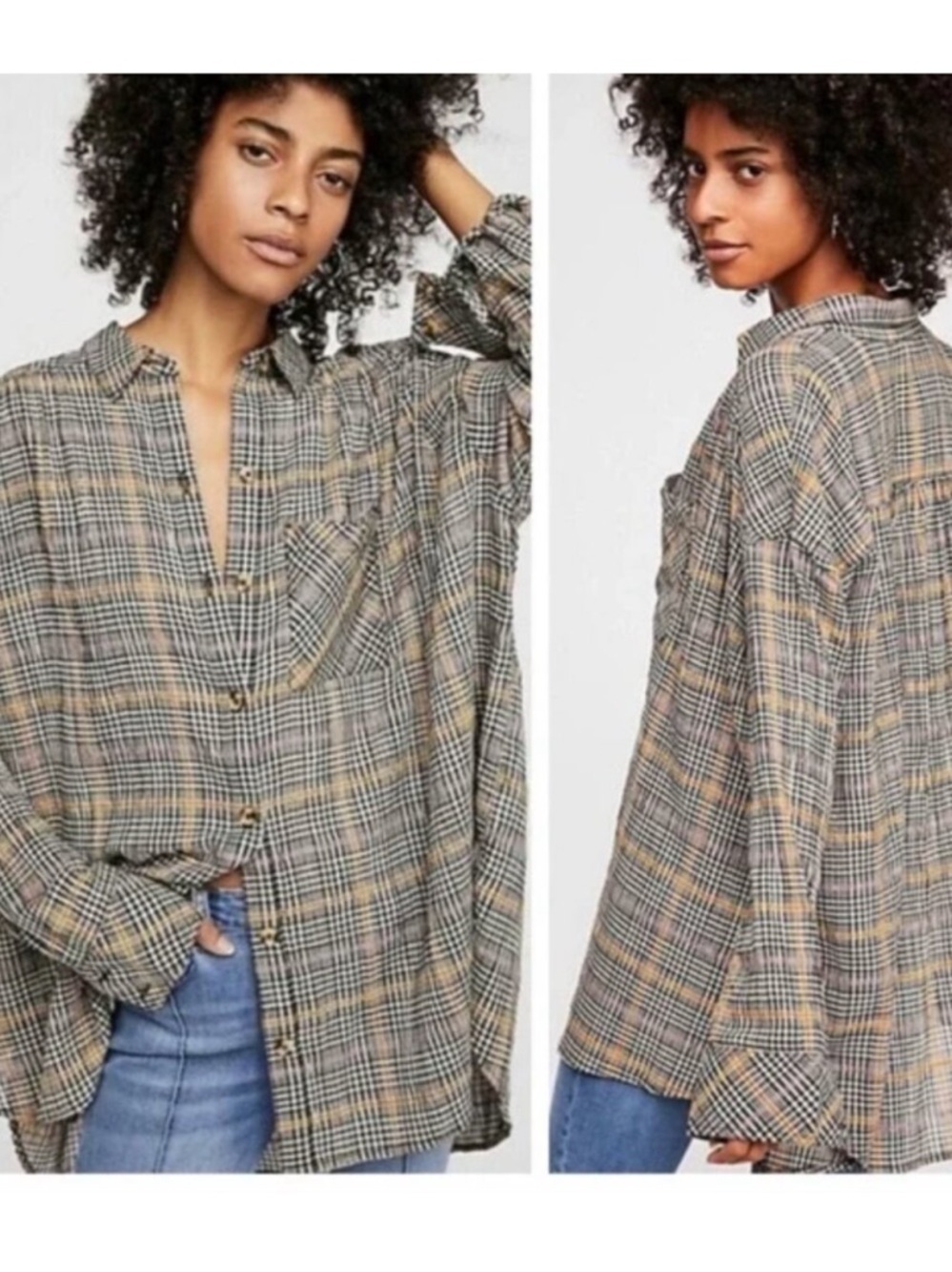 Free People Oversized Button Down Shirt Black White Metallic Plaid XS